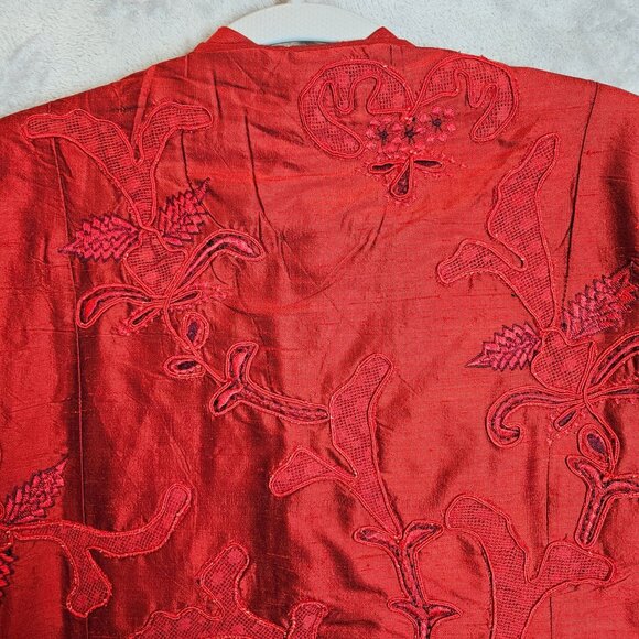 Chico's Womens m Silk Embroidered Red Jacket Coat Career Part Open Business - Picture 3 of 14